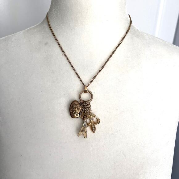 Gold Paris Europe Rhinestone Eiffel Tower Fleur de Lis Heart Charm Necklace - Picture 1 of 6